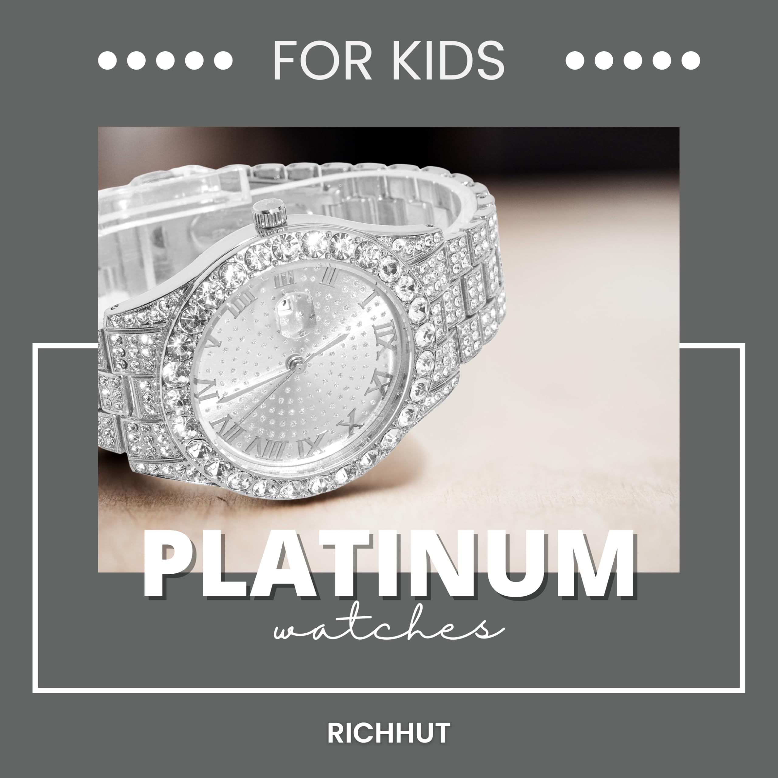 Orologio di lusso con diamanti per bambini e adolescenti, placcato oro 18 carati, quadrante rotondo da 43 mm, strumento di regolazione incluso, opzionale con catena cubana