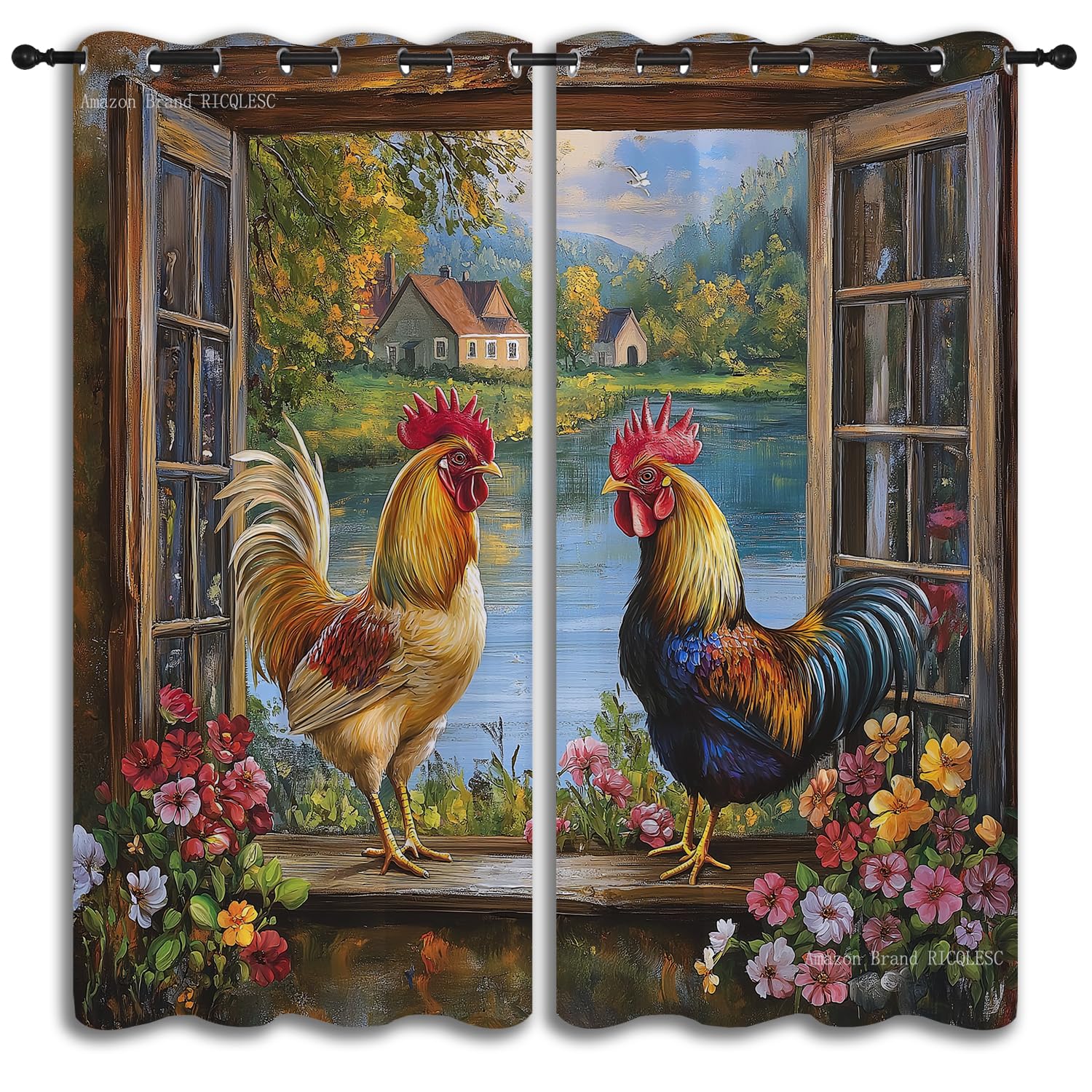RICQLESC Farmhouse Rooster Boy Girls Blackout Curtains,Rustic Farm Animal Barn Cabin Nature Landscape Flowers, 2 Panel Grommet Thermal Insulated