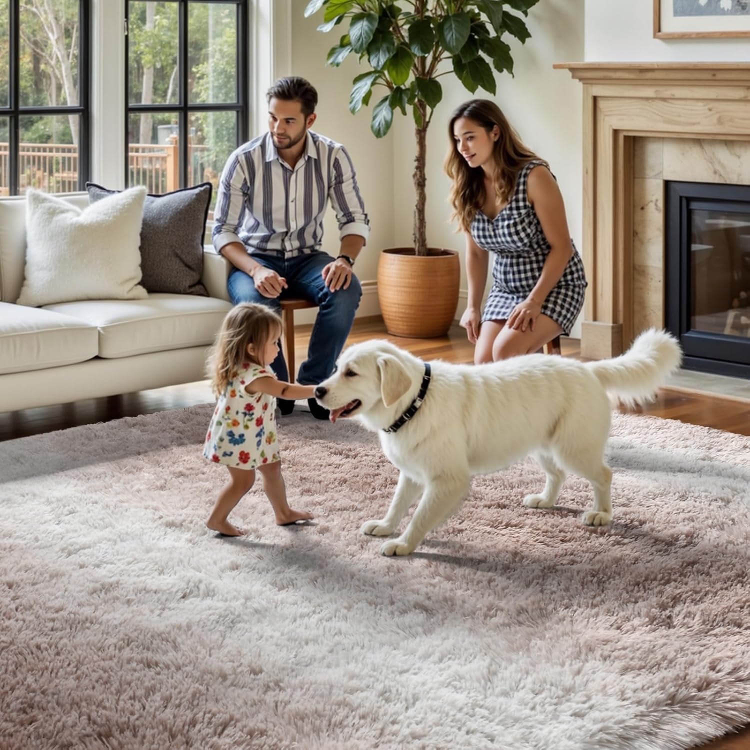 FinRèc Area Rugs for Living Room Bedroom, 6x9 Feet Fluffy Shaggy Rug, Non-Slip Soft Shag Rug for Nursery Kids Room Dorm Room Home Decor, Indoor Plush Floor Carpet Striped Beige