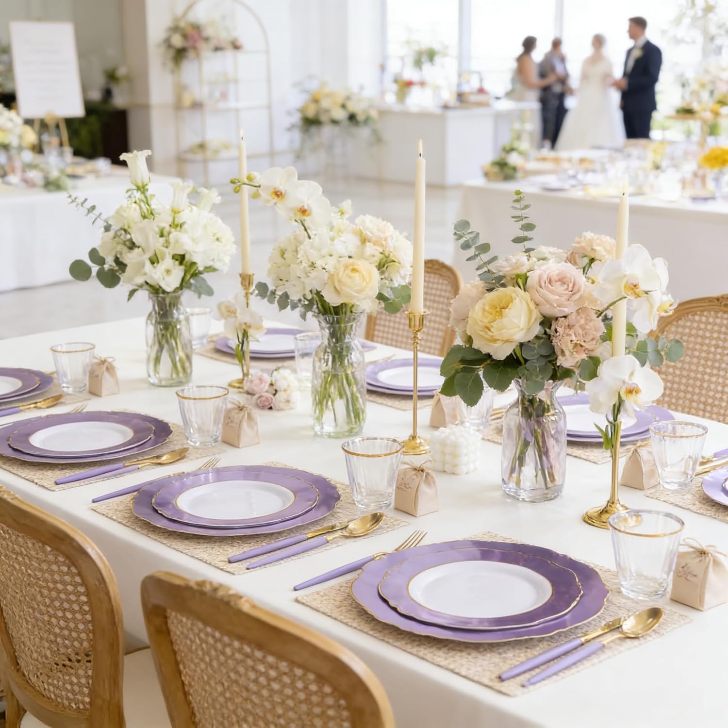 WDF 60pcs Purple Plates Disposable with Gold Rim - Baroque Light Purple Plastic Plates - Lavender Plates for Spring/Wedding/Easter/Birthday