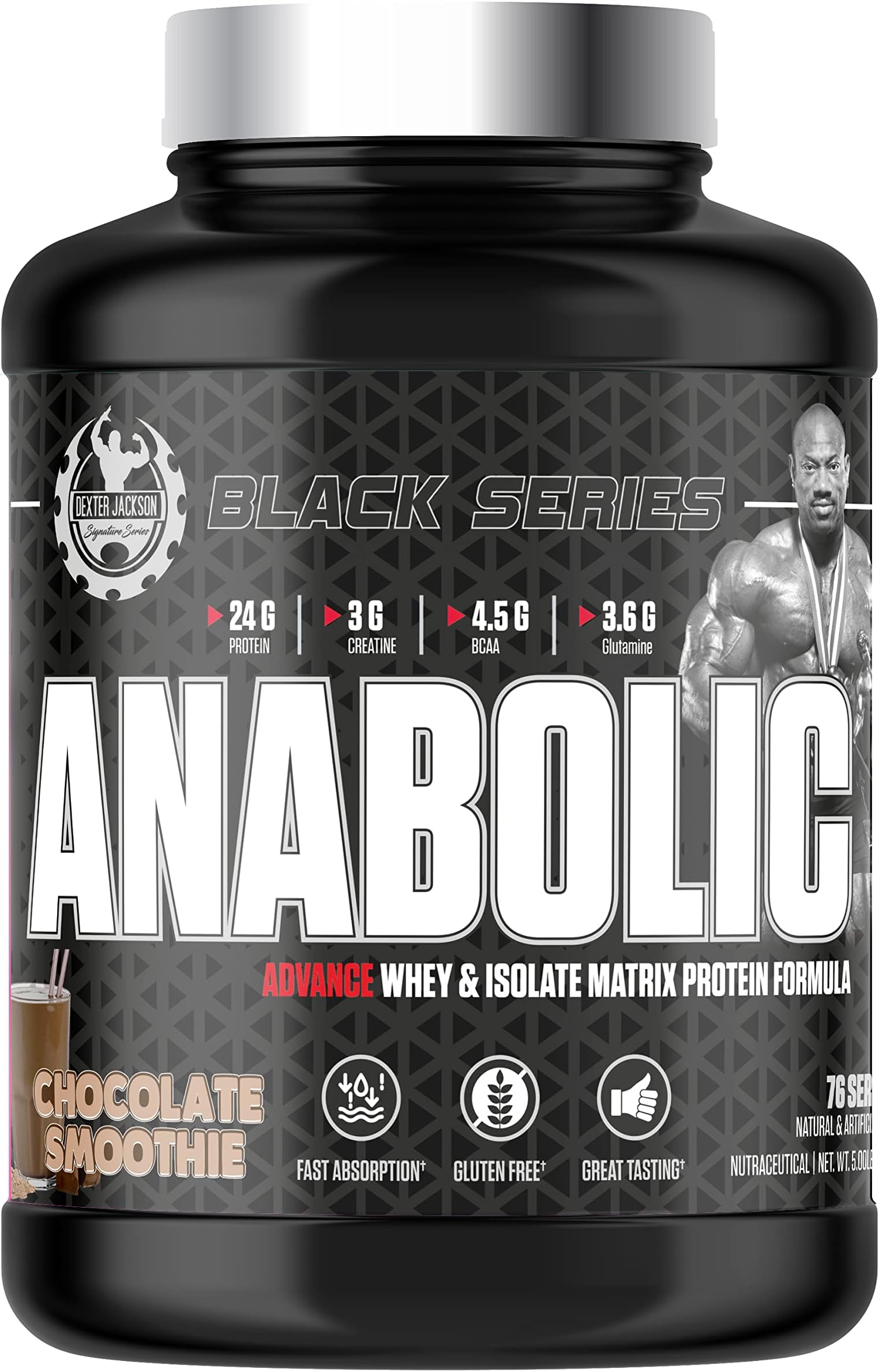 - Dexter Jackson Black Series Anabolic Advance Whey & Isolate Matrix Protein Powder | Chocolate Smoothie Flavor | Gluten-Free | 76 Servings, 5 Lbs, 2268g