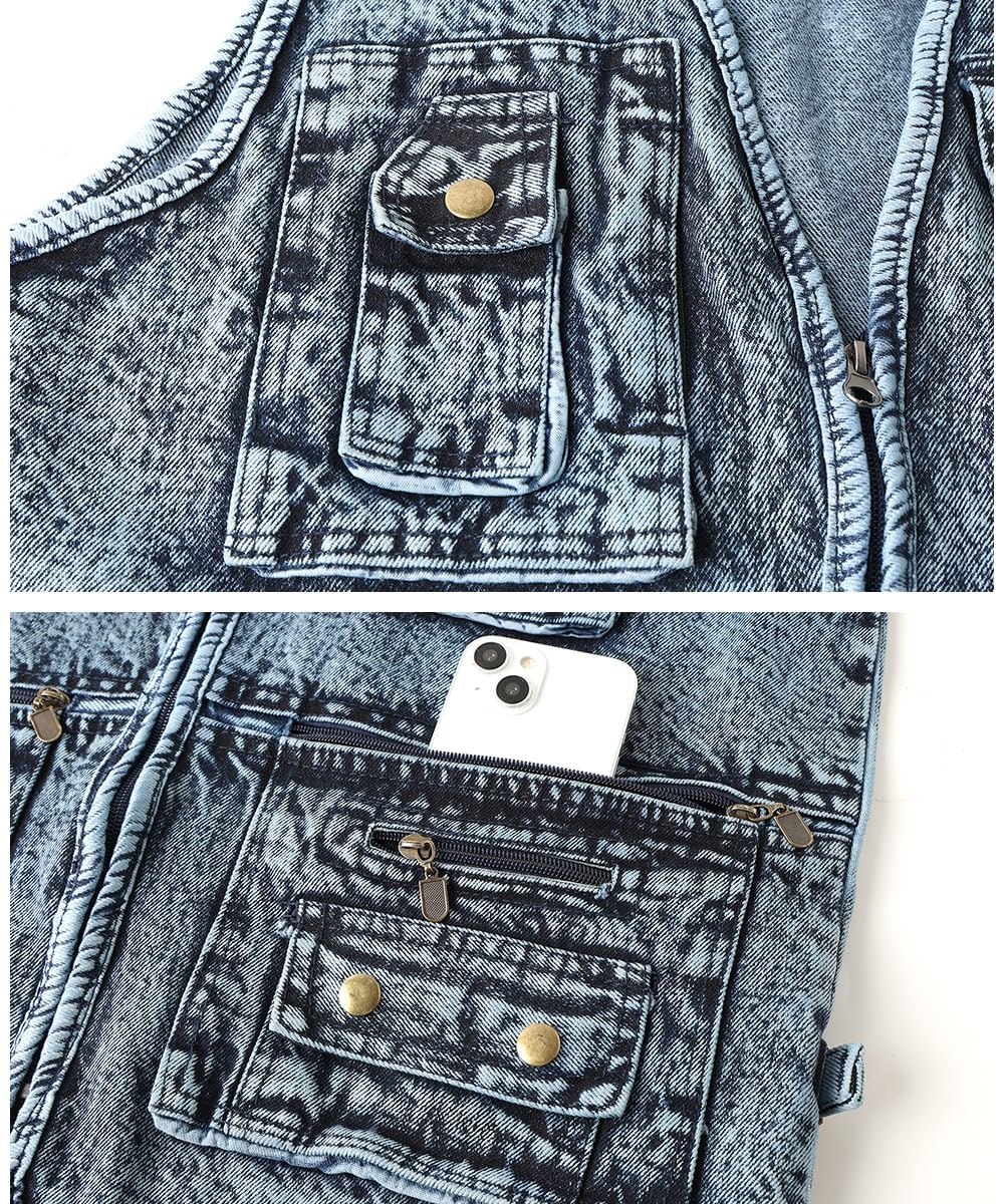 Gilet en Jeans pour Homme Vintage Multi-poches Gilet de Motard Veste en Jean Sans Manches Rétro Veste Denim Gilet de Pêche Travail Chasse