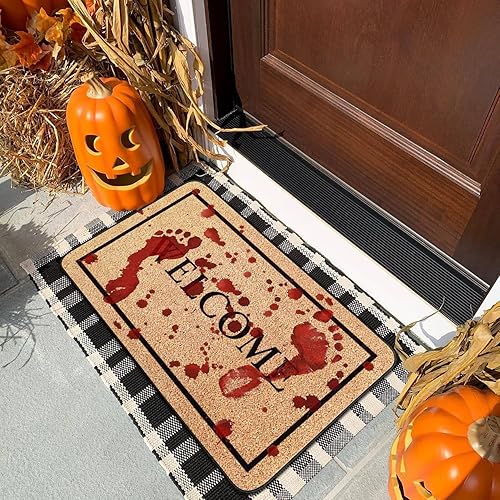 Miniatura 3 de Tapete decorativo de Halloween para puerta delantera al aire libre, tapete de terror con huellas de sangre de 17 x 30 pulgadas, tapete de goma