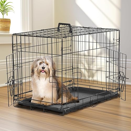 Miniatura 4 de Sweetcrispy Jaula pequeña para perros con panel divisor, jaula plegable de alambre de metal de doble puerta de 24 pulgadas con bandeja de plástico a