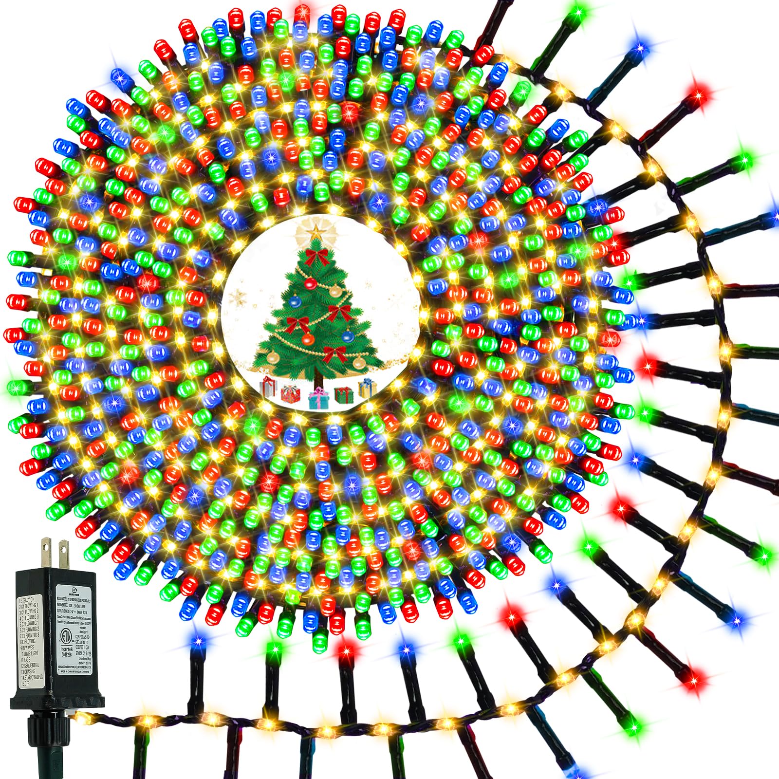 800 LED Christmas Tree Lights, Flowing Twinkling Cluster Lights Multicolor