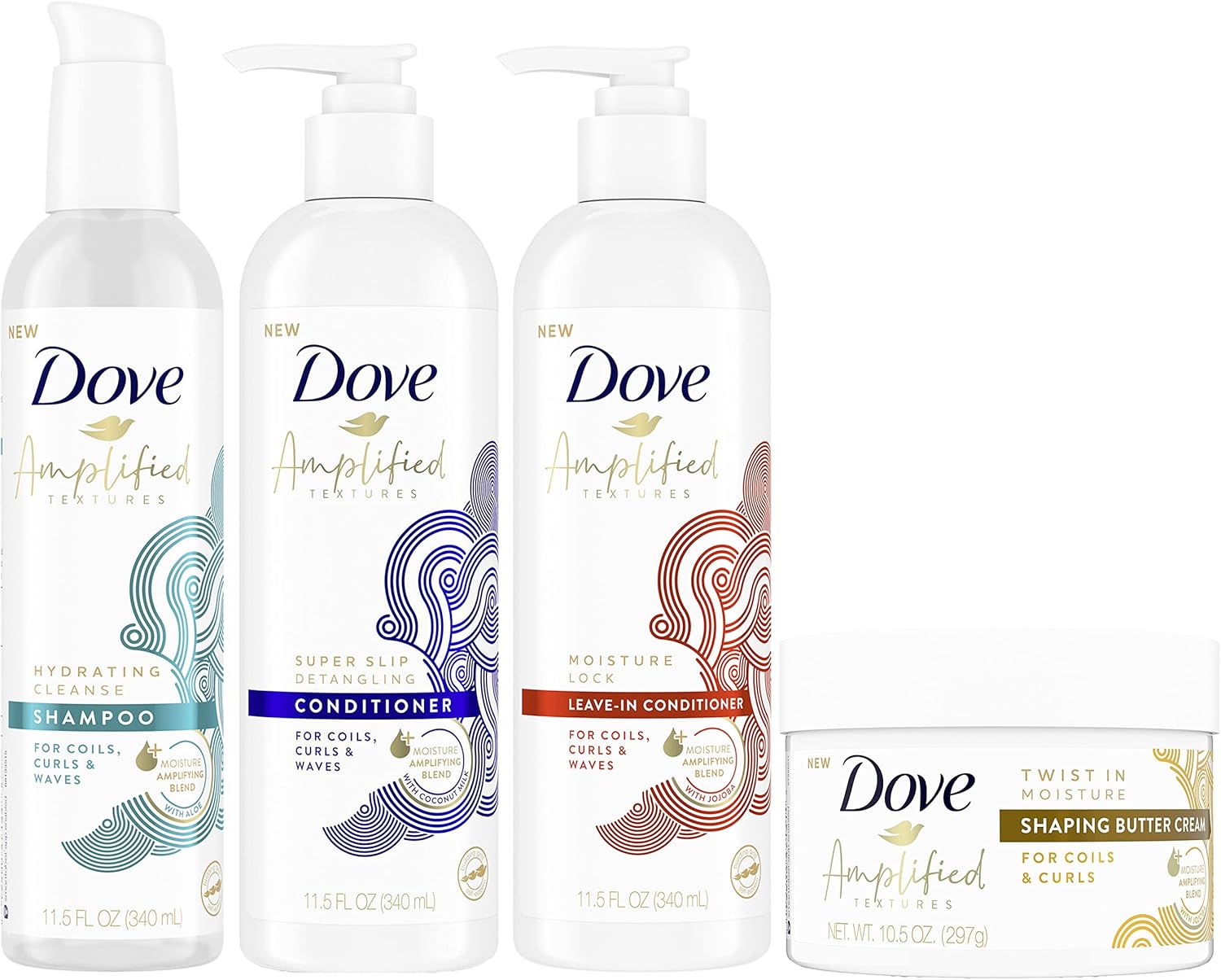 Dove Amplified Textures Shampoo, Detangling Conditioner, LeaveIn Conditioner & Shaping Butter