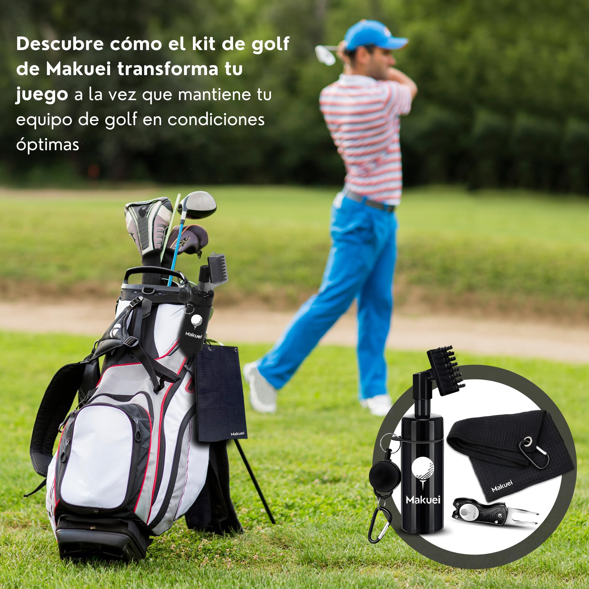 Accesorios de golf ideales para bolsa de golf (3 en 1)- Cepillo limpiador de palos de golf, arreglapiques golf y toalla de golf para dejar tus palos de golf perfectos ¡El regalo para golfistas idóneo!