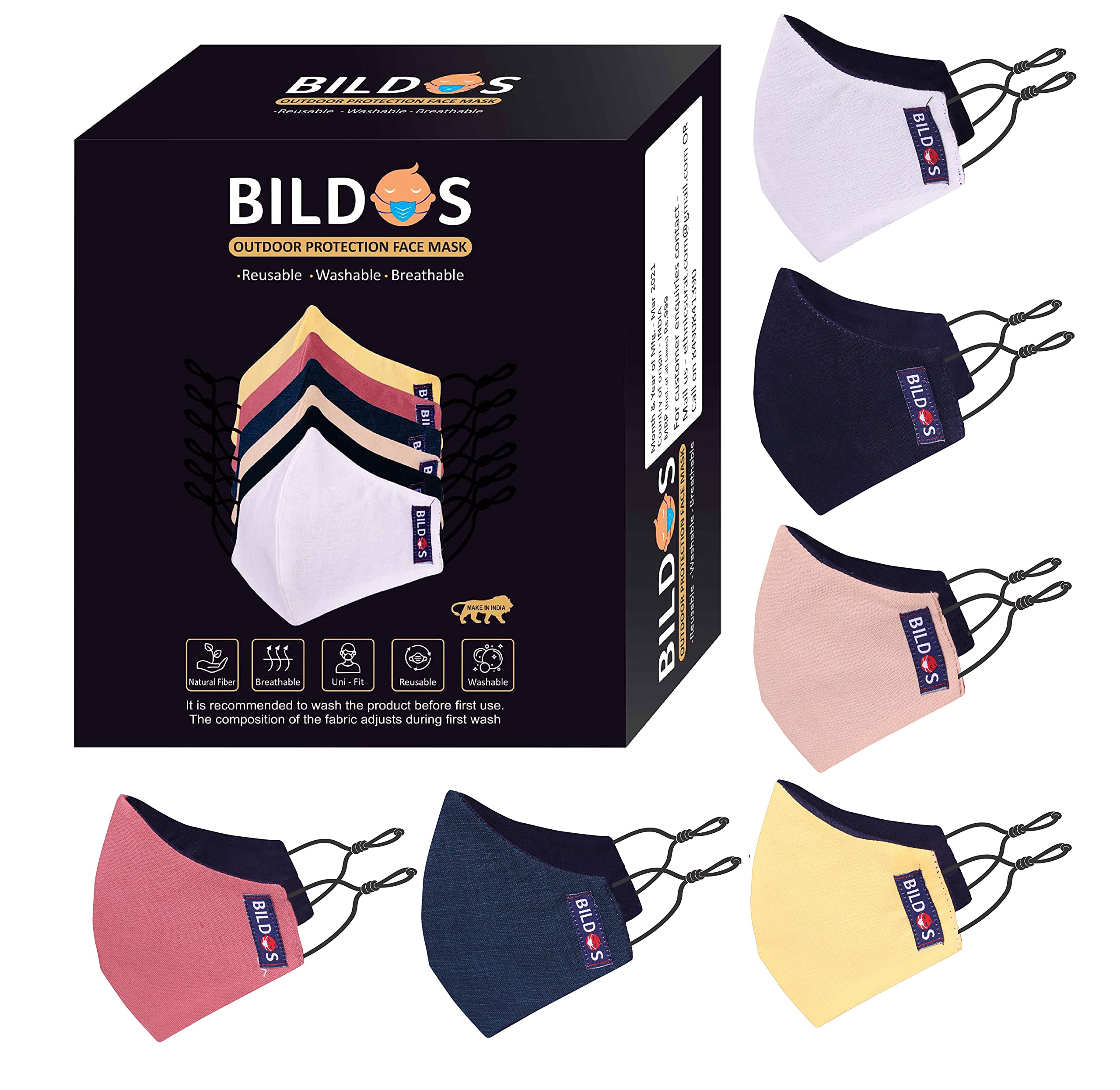 Cotton Reuseable Cloth Mask (Without Valve, Pack of 6,Multicolour) for Men