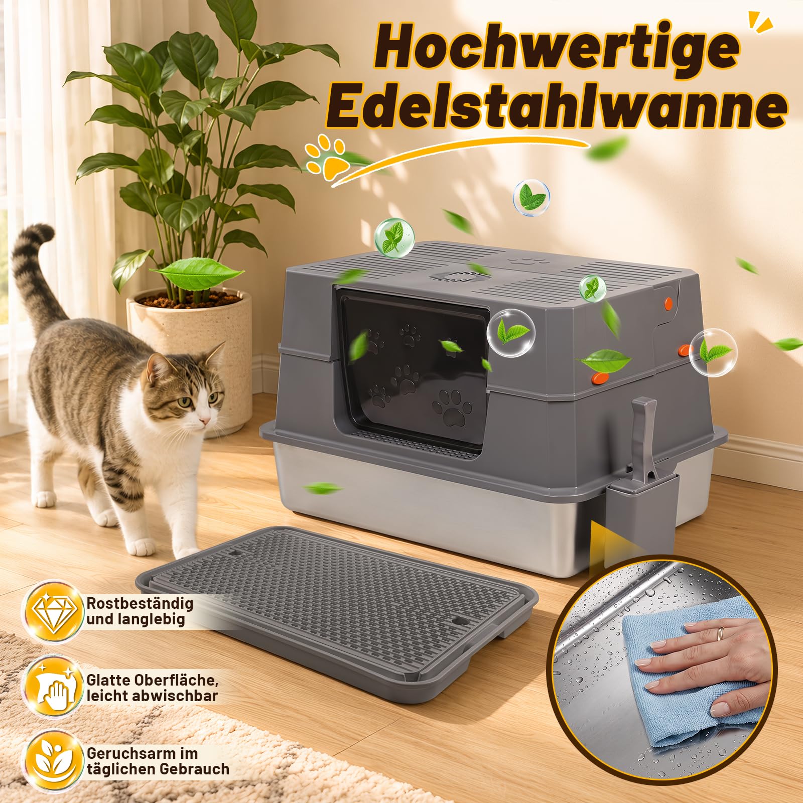 XXXL Edelstahl Katzentoilette mit Klapphaube,72.8 x 51 x 43 cm