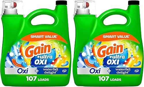 Gain Ultra Oxi - Detergente líquido para ropa, 107 cargas, 154 onzas líquidas, aroma Waterfall Delight, 2 en 1, compatible con HE (paquete de 2)
