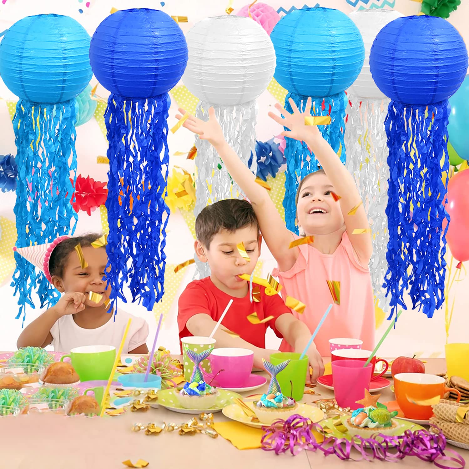 Blue Hanging Jelly Fish Paper Lanterns, Colorful Paper Lanterns for Mermaid Theme Party Under The Sea Ocean Birthday Decorations Baby Shower Baby Room