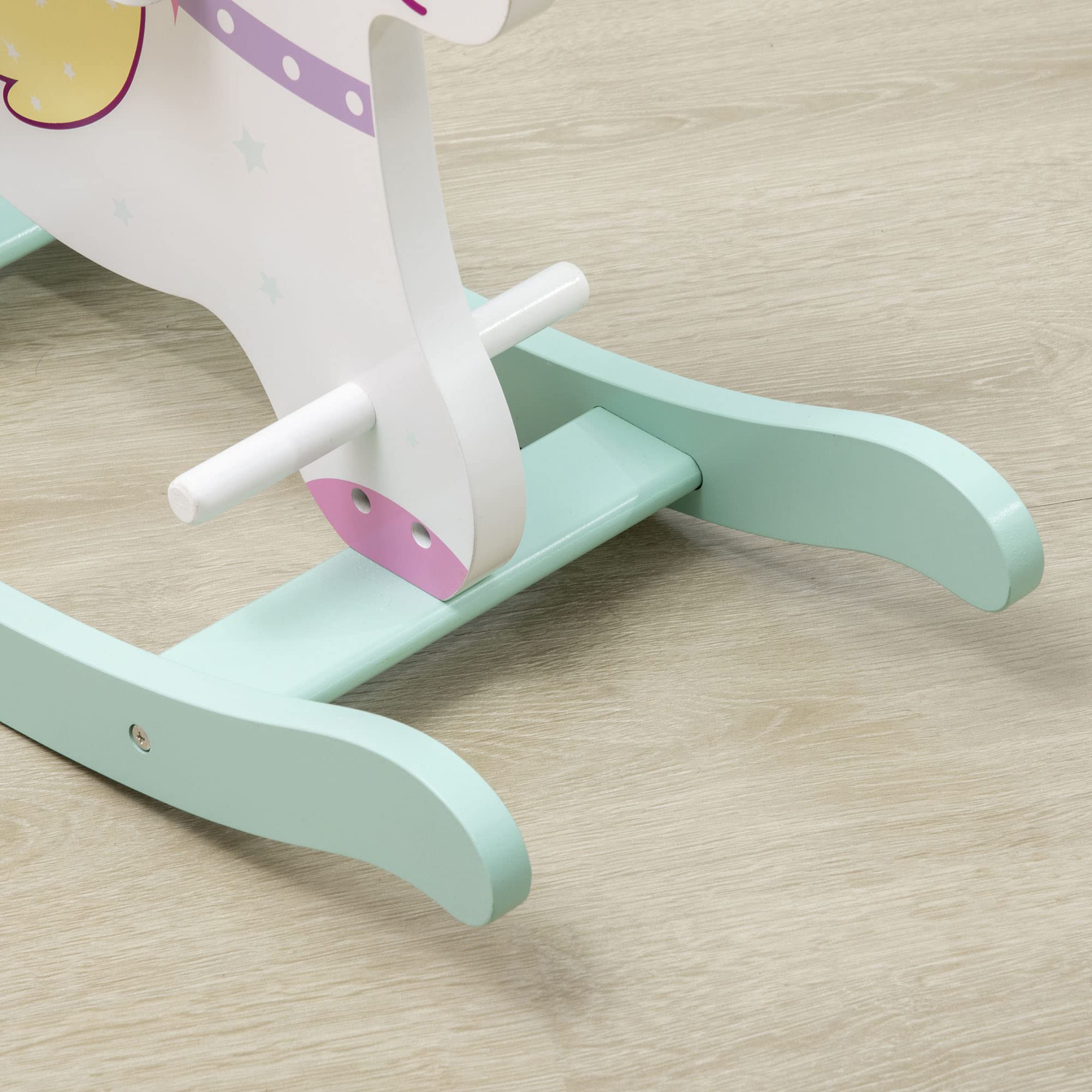HOMCOM Caballo balancín para niños de 1 a 3 años, caballito balancín con asas, respaldo y pedales de MDF, 68 x 27 x 47,5 cm, azul, rosa y blanco
