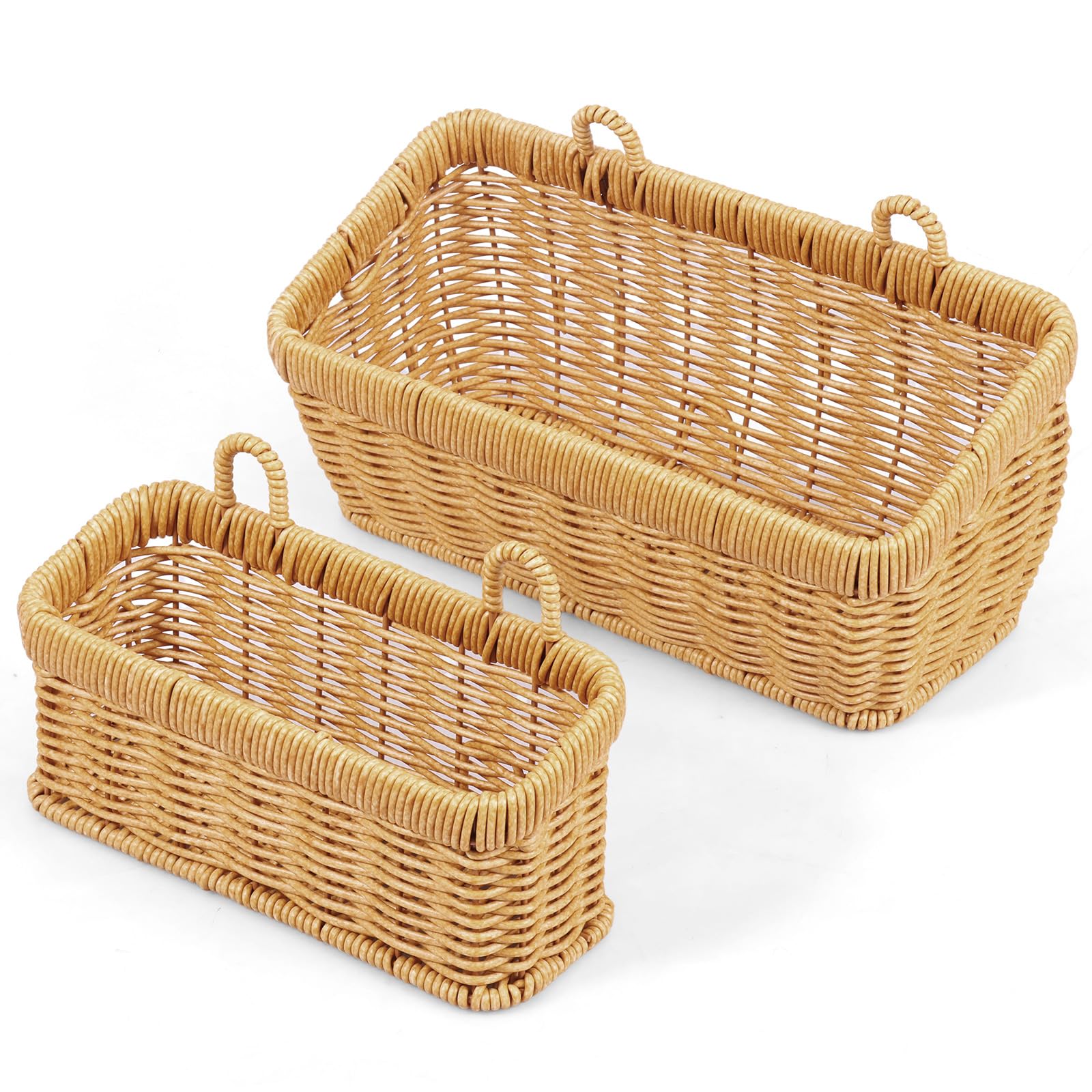 2 Pack Hanging Wall Baskets, Wicker Effect Plastic Rattan Woven Storage Baskets, Wall Mounted Organiser for Kitchen Onion Garlic, Bathroom & Bedroom Decor, Large & Small