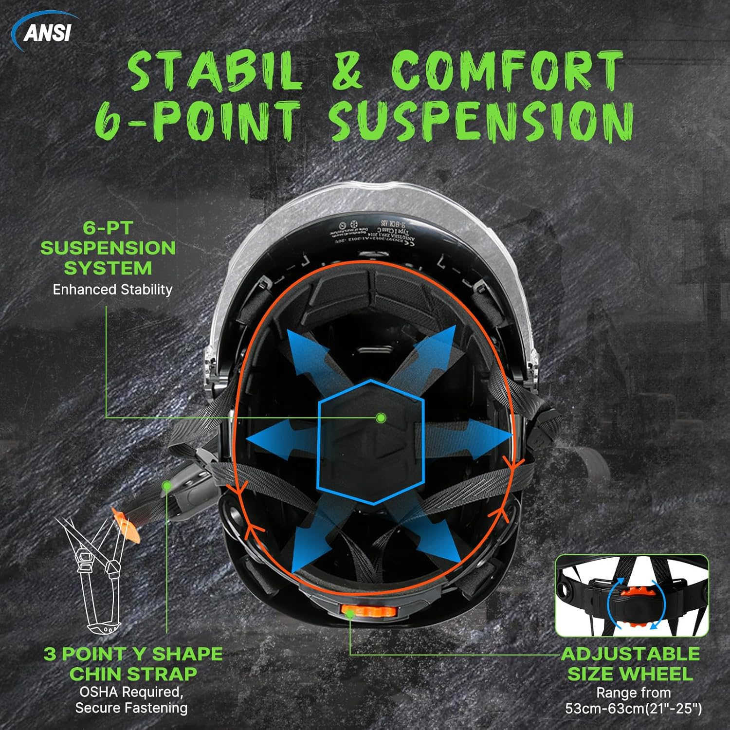 AOLAMEGS Construction Hard Hats for Men - ANSI Z89.1 OSHA Approved Safety Helmets, Black Hard Hat, Adjustable Vented Construction Hat with Clear Visor and Chin Strap, High Impact ABS Hardhats - Image 5