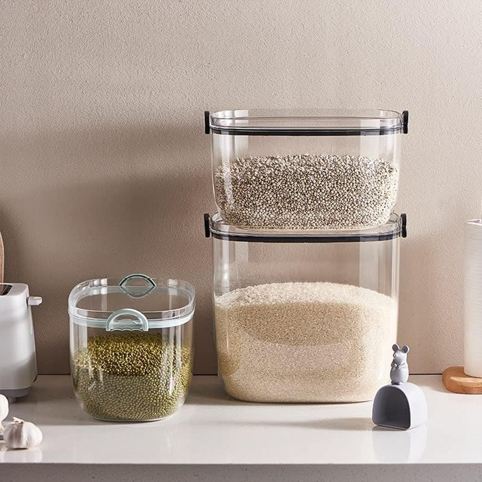 PIKETU Moderno contenitore da cucina, grande scatola di stoccaggio per riso, con chiusura ermetica e misurino, per riso, cereali, cibo per cani e gatti, farina,Verde,32 * 29 * 19cm