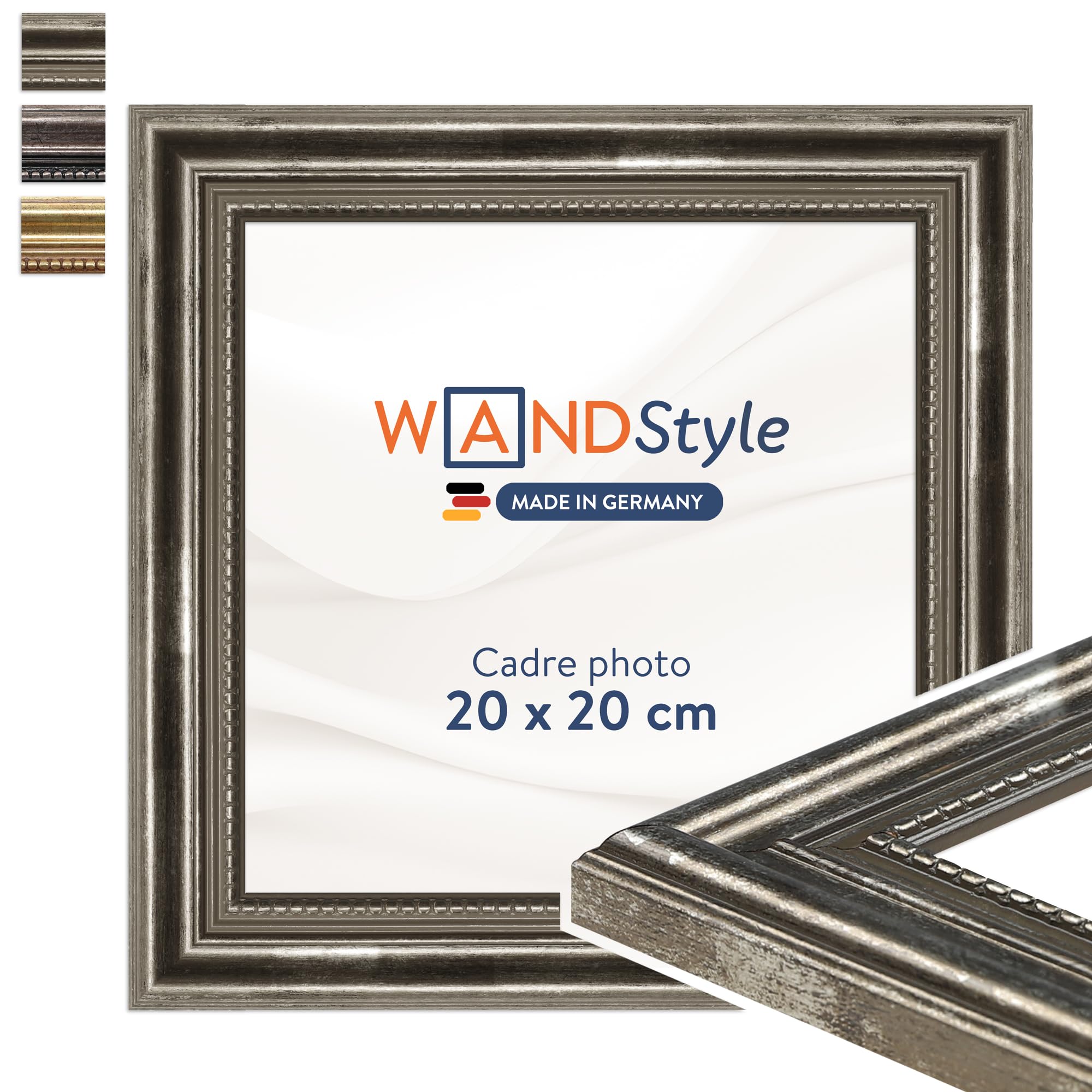 WANDStyle Cadre photo bois vintage, cadre argenté, cadres photo 20x20 cm