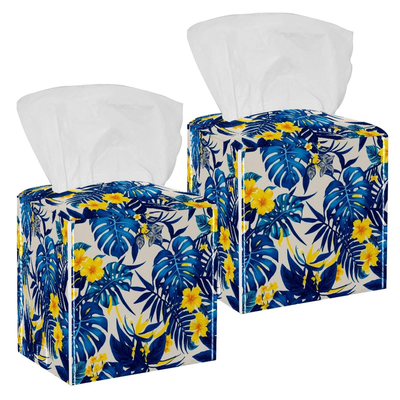 Aesthetic Leaves Tissue Box Cover, 2 Pack PU Leather Square Facial Tissue Dispenser Box holder for Home Office Car