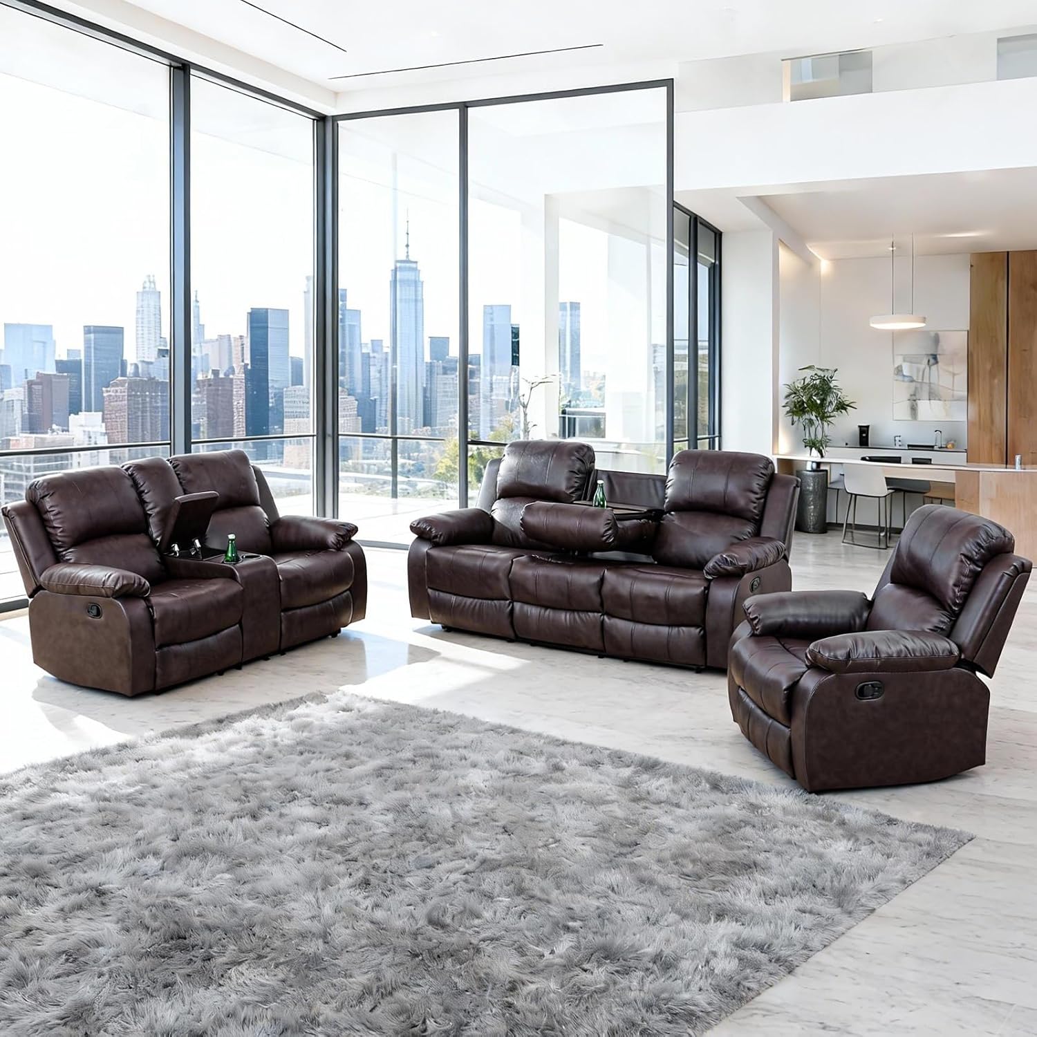 3-Piece Reclining Sectional Couch for Living Room, Manual Sectional Couch with Recliner, Storage Console with Cup Holders & Flip Table, Brown Leather Sofa Set for Family & Movie Nights