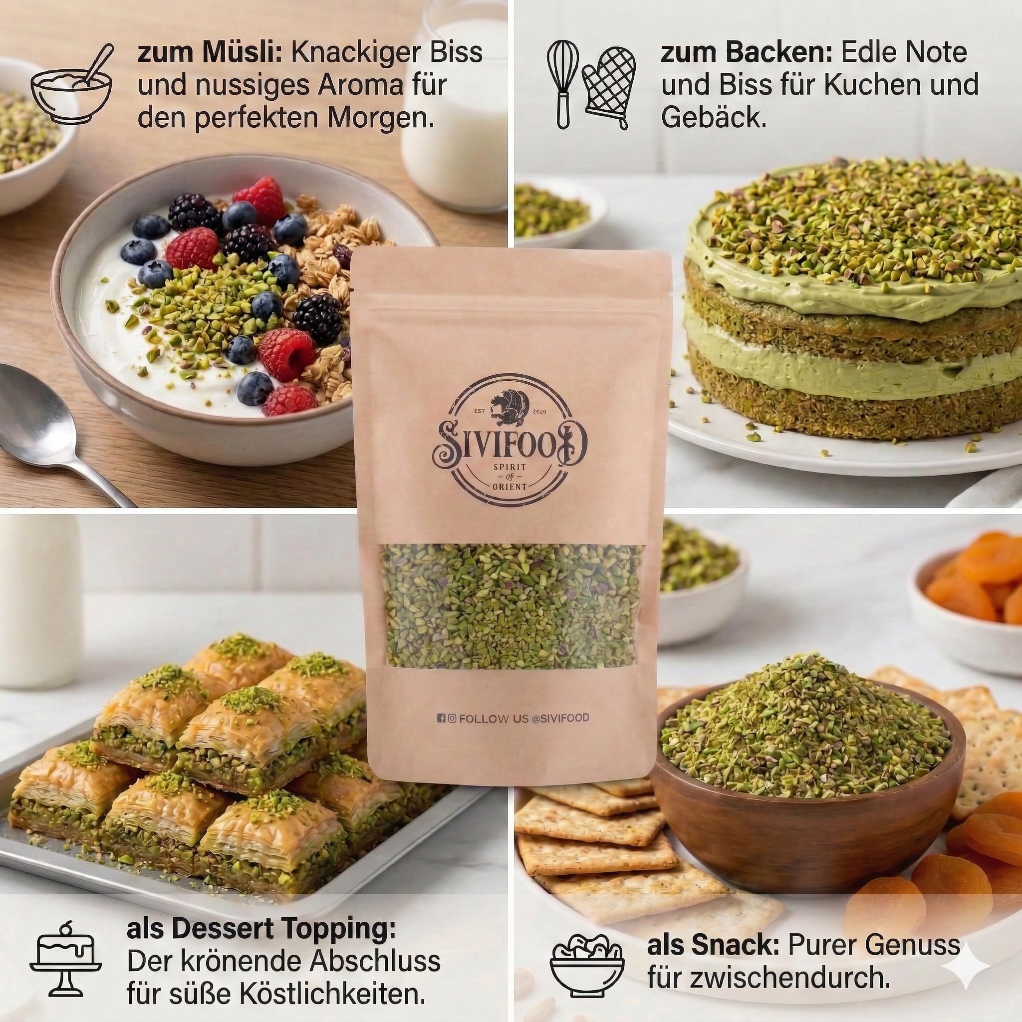 SIVIFOOD® Fein gehackte Pistazienkerne [500g] – Naturbelassene Pistazien gehackt in Premium Qualität – Gehackte Pistazien zum Backen, für Kuchen, Torten & Baklava als Topping – Ungesalzen & vegan