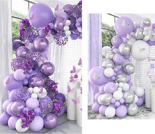 Pateeha Kit de guirnalda de globos de color morado y blanco y lavanda, calcomanías de mariposa para decoración de cumpleaños, baby shower