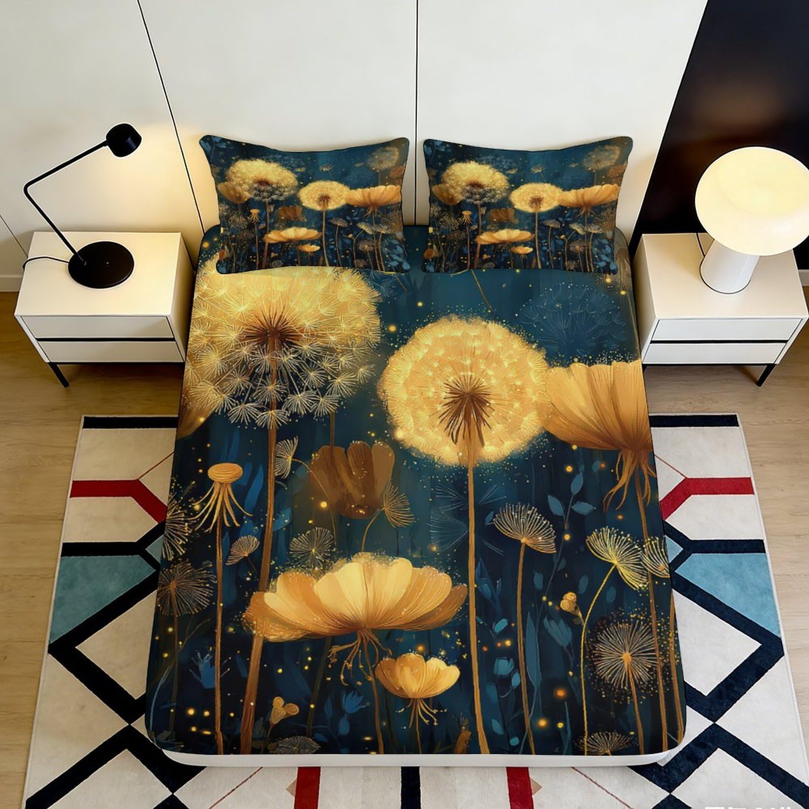 3D Printed Golden Dandelion Fitted Sheet Microfiber Floral Meadow Mattress Cover for Bedroom Dorm Mattress Protector Decor 90x200x25cm
