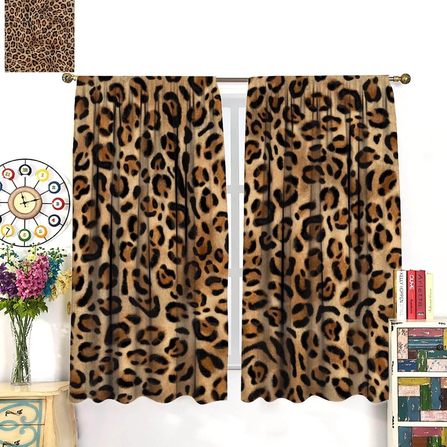 Brown Leopard Print Curtains, Wildlife Cheetah Fur Themed Pattern Print Decorative Curtains Female Girl Bedroom Male Adult Living Room Curtains, 2 Panel Set, 52x84 Inches