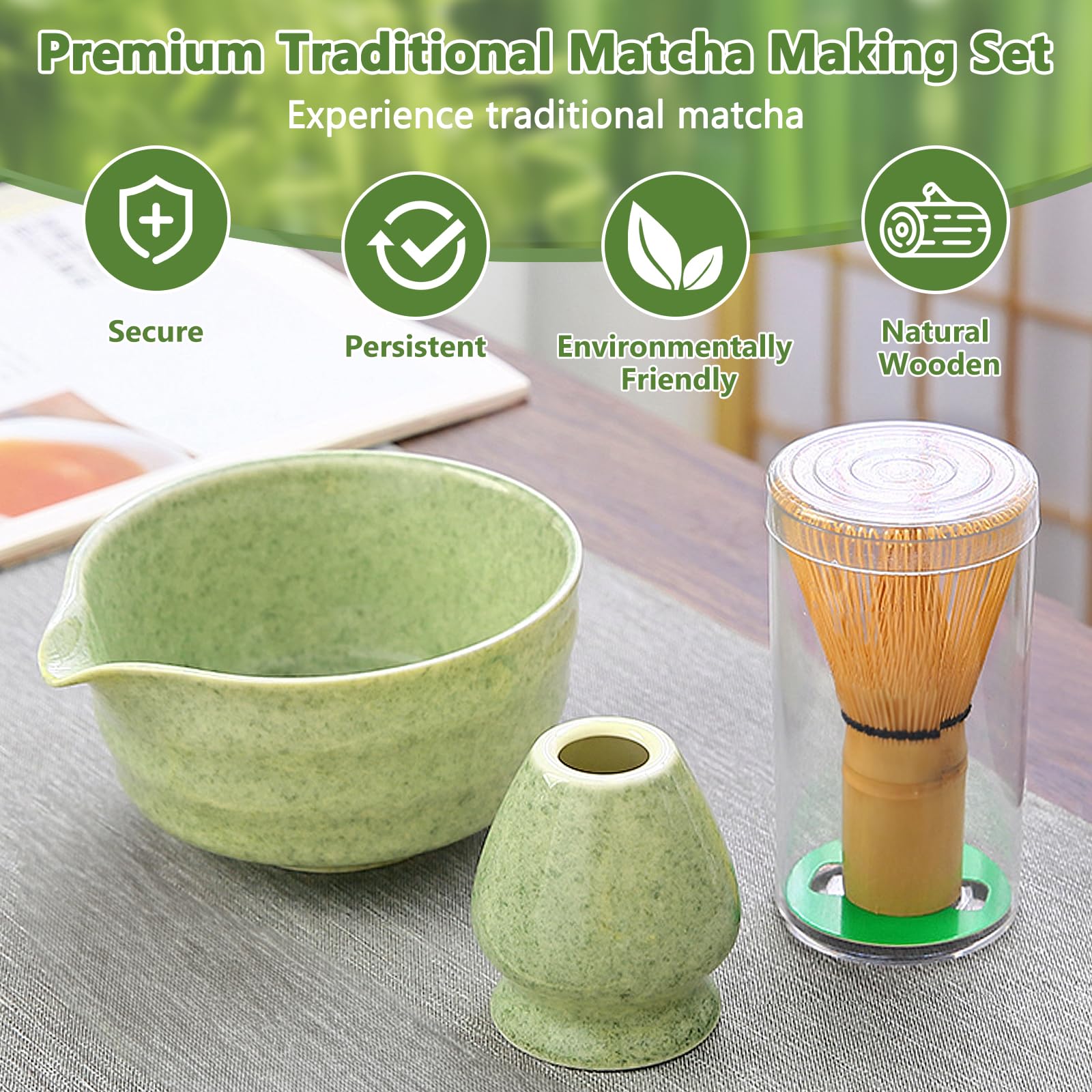 JBER Set Matcha 7 Pezzi – Ciotola In Ceramica Con Beccuccio 500ml, Frullino In Bambù 100 Peli, Supporto E Cucchiai – Regalo Per Amanti Del Tè Verde - 2