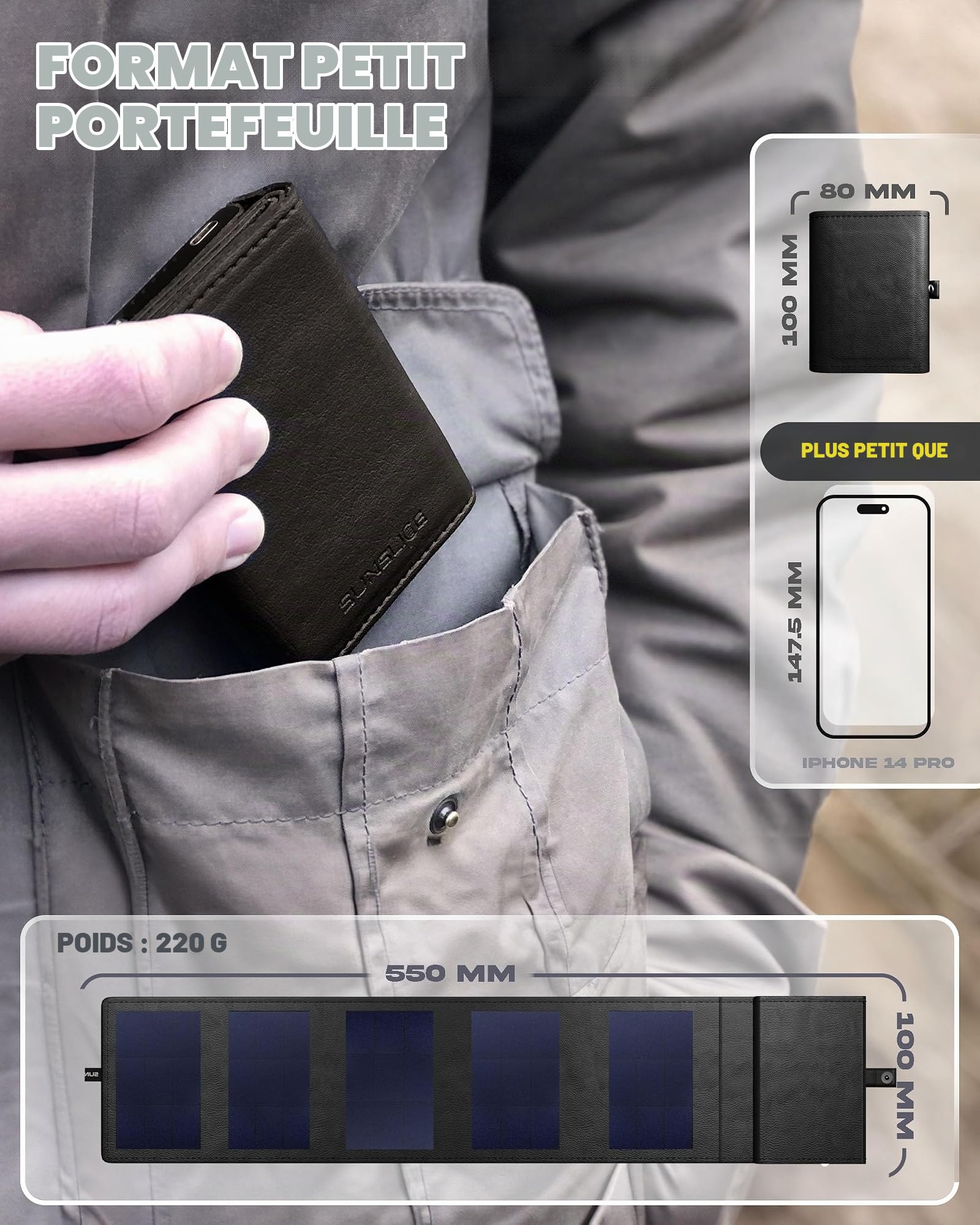 Mini Batterie Externe Solaire Portable 4000 mAh - 4W Sunslice Photon, Plus Petit Chargeur solaire, panneau solaire portable pour smartphone, pour la Randonnée, compatible avec toutes les marques, Noir