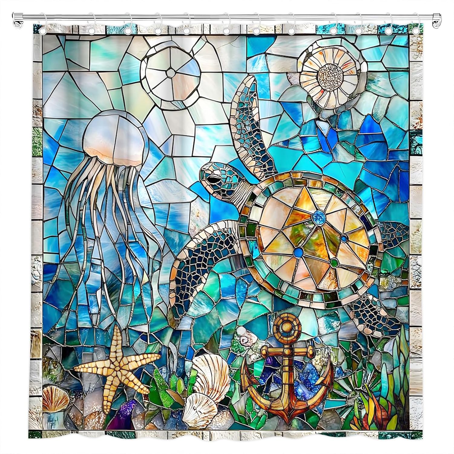 Nautical Sea Turtle Shower Curtain Teal Blue Stained Glass Ocean Coastal Starfish Shell Jellyfish Anchor Vintage Abstract Marine Life Bath Curtain Fabric Bathroom Accessories Decor with Hooks 70W x90L
