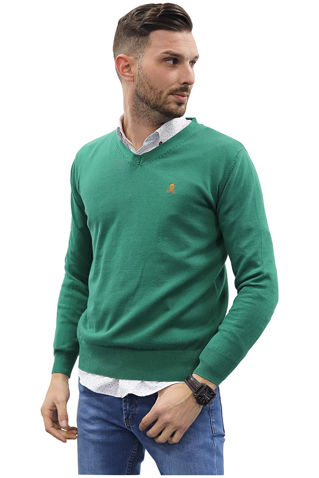 JUL Jersey de Hombre Cuello Pico de Algodon Manga Larga de Marca Modelo Basico para Vestir Punto Fino