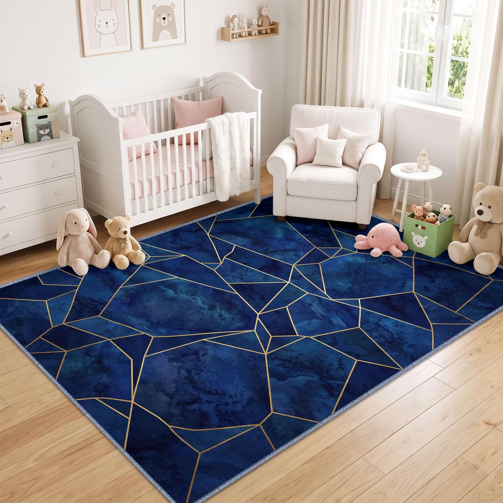 Style Marbre Tapis Salon 80x150cm, Lavable en Machine Antidérapant Grand Lignes Dorées Polygone Géométrique Bleu, Tapis Doux à Poil Ras pour Bureau, Chambre, Salle à Manger