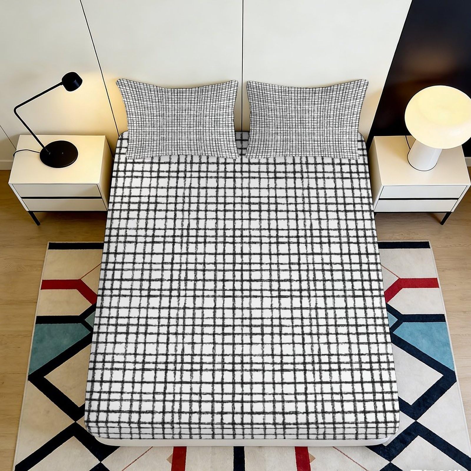 Jqzkxnhpbr Style-8 3D Printed Black White Grid Fitted Sheet Microfiber Soft Breathable Geometric Mattress Cover Bedroom Dorm Decor 90X200x25cm