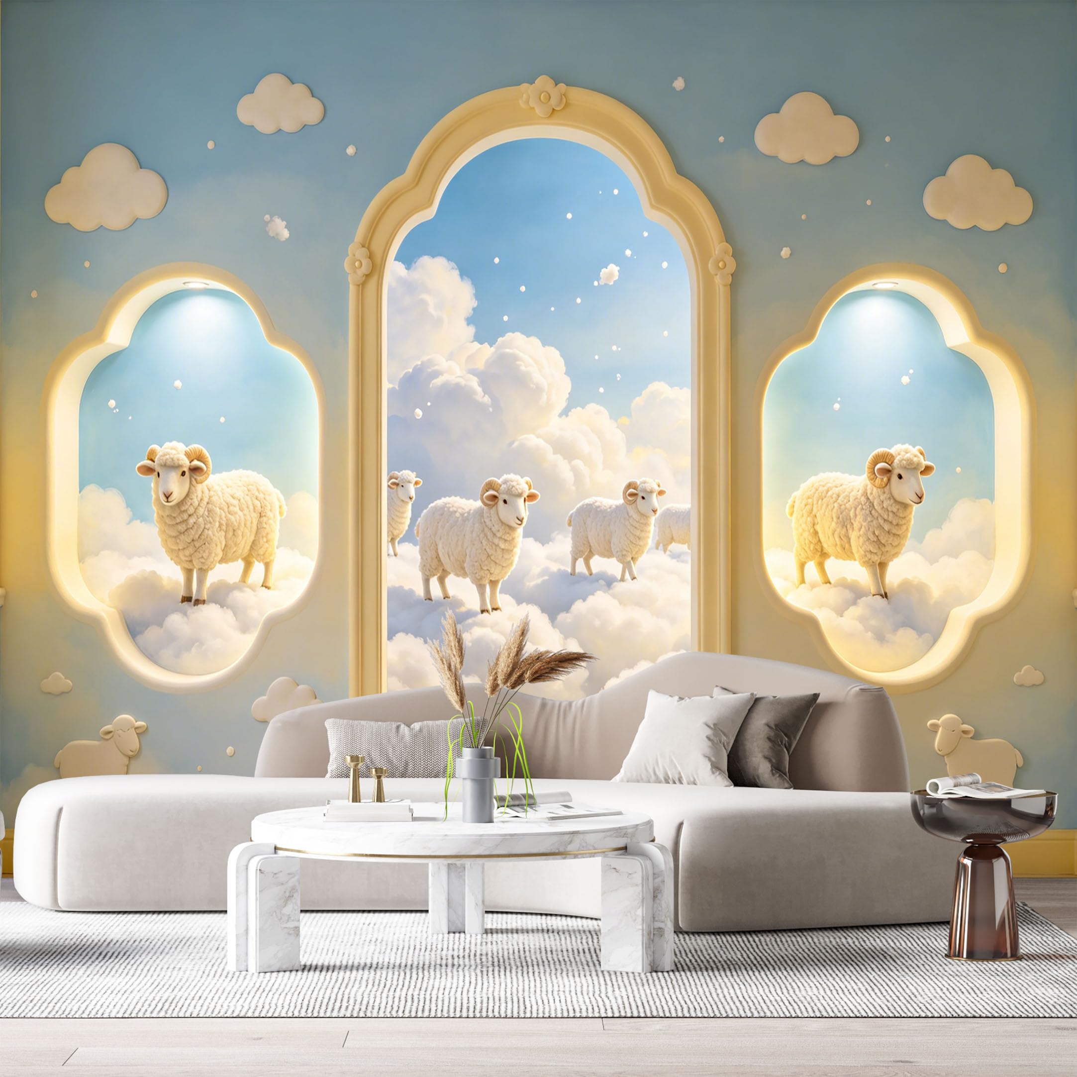 Custom Size Wall Murals Sheep Sky Clouds Pastel Dreamlike 3D Trompe L'Oeil SelfAdhesiveWall Fabric Removable Wallpaper Wall Decor for Living Room Bedroom Bathroom
