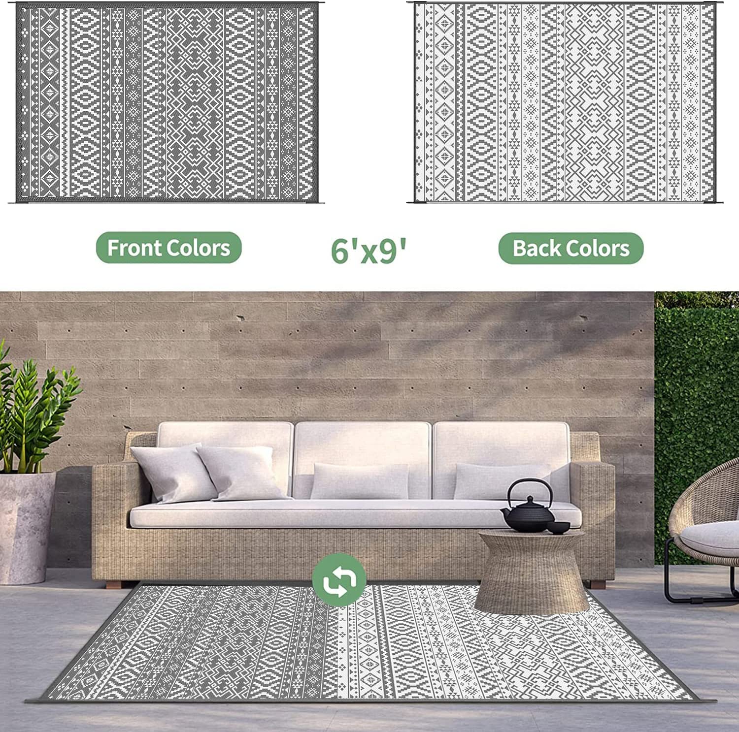 Tappeto da esterno per terrazze, 180 x 270 cm, impermeabile, reversibile e facile da pulire, in plastica riciclata, resistente ai raggi UV, per camper, campeggio, picnic, barbecue, balcone,