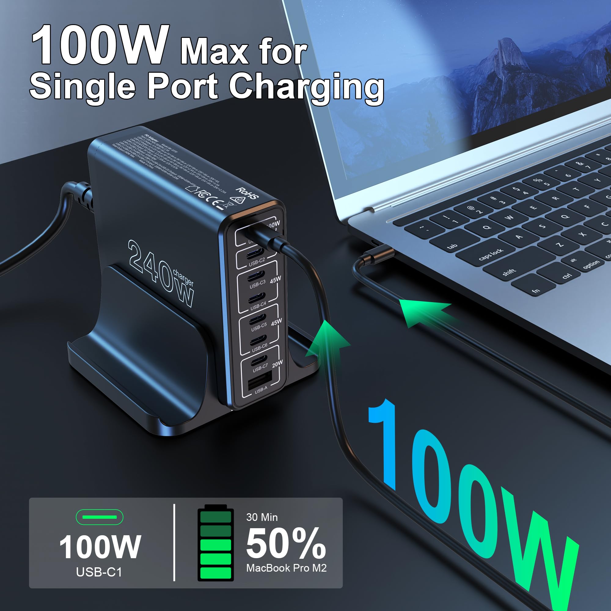 URVNS 240W GaN USB C Charger - 8 Port Compact Charging Station With PD 100W For Laptop & Phones