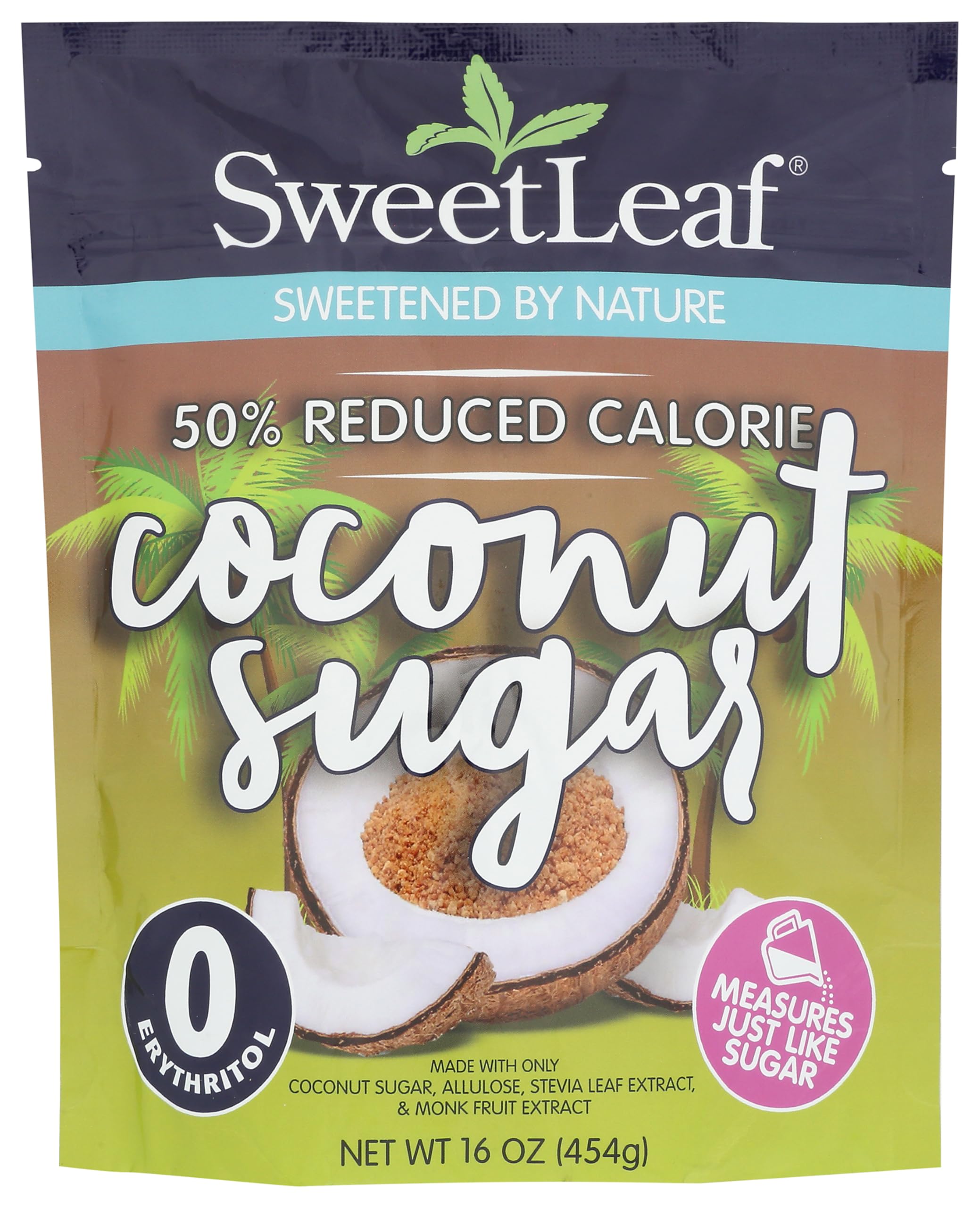 SweetLeaf 50% Reduced Calorie Coconut Sugar with Allulose, Stevia and Monk Fruit Extract - All Purpose Natural Sweetener, Non GMO, Vegan, Gluten Free, Only 8 Calories Per Serving - 16 Oz