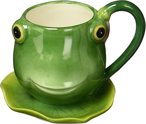Juego de taza de té de rana sonriente verde de 4.75 pulgadas y platillo en forma de hoja