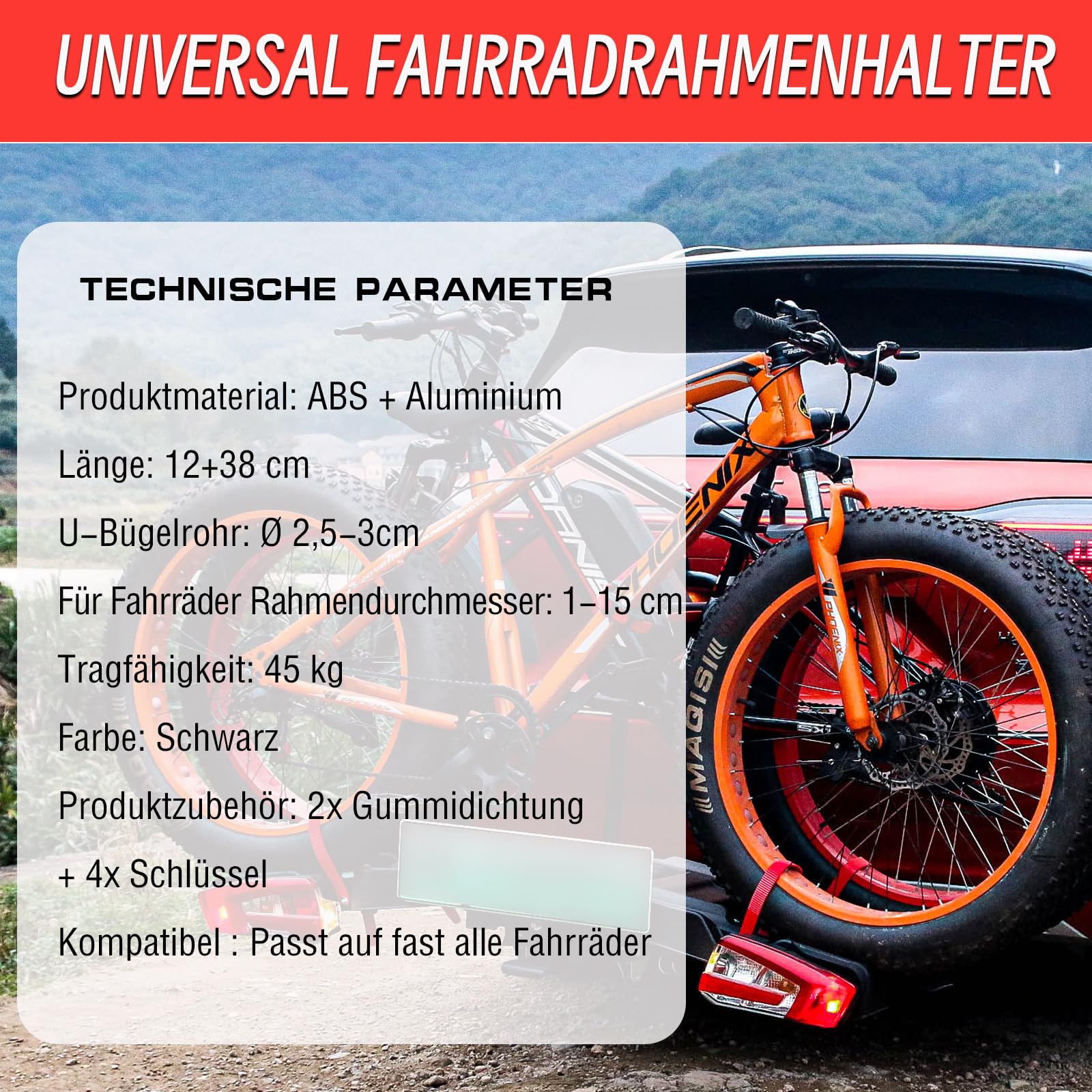Verstellbar Strap Rahmenhalter 12CM+38CM, Alu Rahmenhalter Fahrradträger für E-Bike/Fahrrad, Abschließbare, Universal Fahrradrahmenhalter für U-Bügelrohr: Ø 2,5-3cm (Schwarz+Silber)