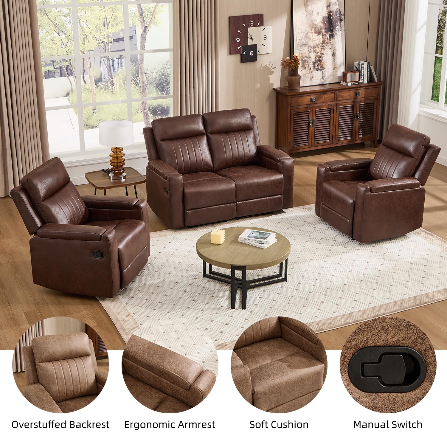 Faux Leather Recliner Sofa Set 2 Chairs 58 Loveseat Cup Holder Storage Red Brown image 4