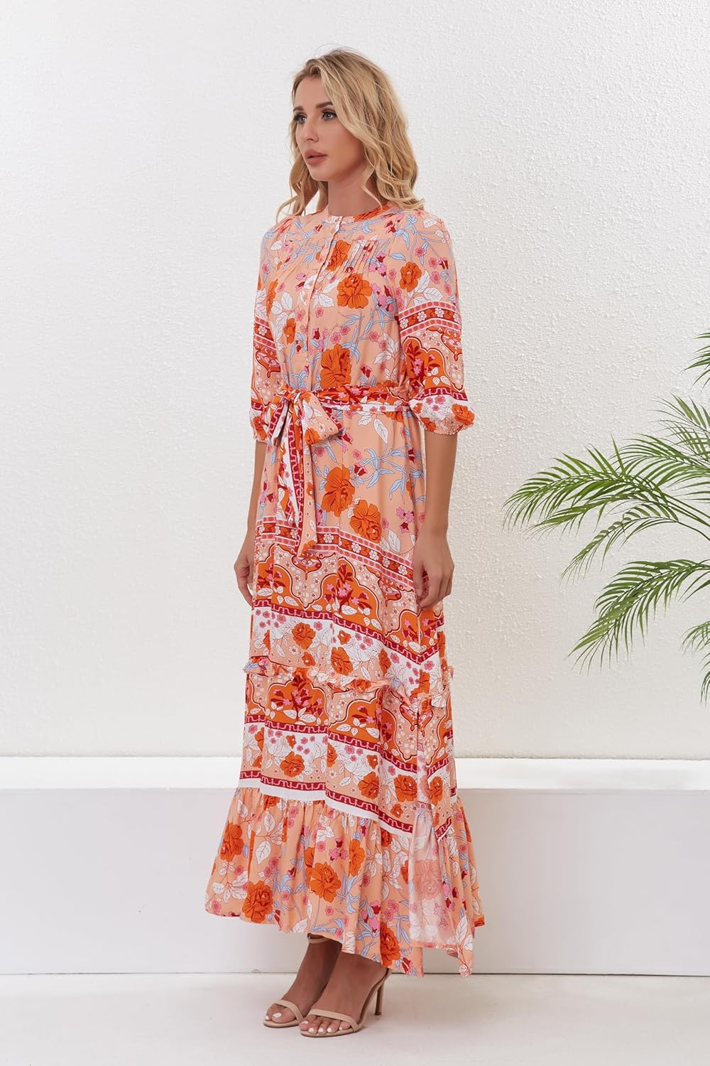 Women 3/4 Sleeves Front Buttons Floral Print Casual Bohemian Maxi Dresses - Image 6