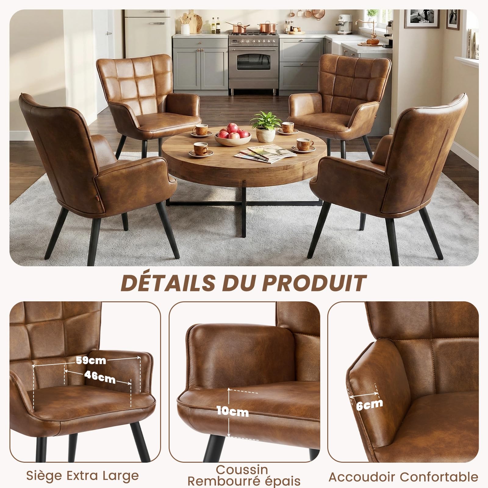 Fauteuil Salon Scandinave, Chaise Coiffeuse en Cuir PU, Chaises Salle à Manger Chaise Rembourrée avec Accoudoirs & Dossier Ergonomique pour Chambre Salle à Manger Bureau Allaitement, Brun