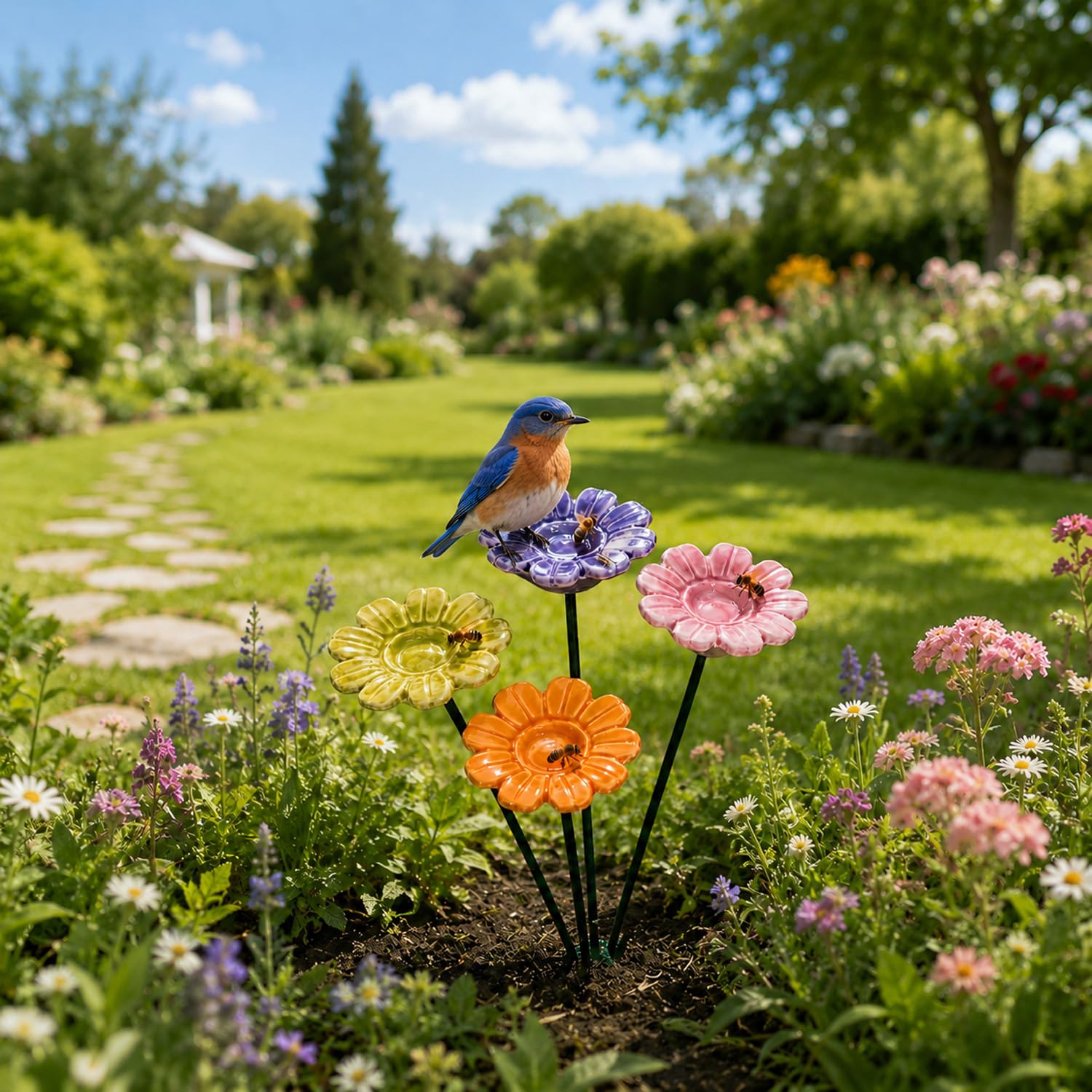Ceramic Flower Bee Waterer Stakes, Pollinator Drinking Station for Bees & Butterflies, Weatherproof Garden Decor with Multiple Colors (8.6" H) (4 Mixed colors)