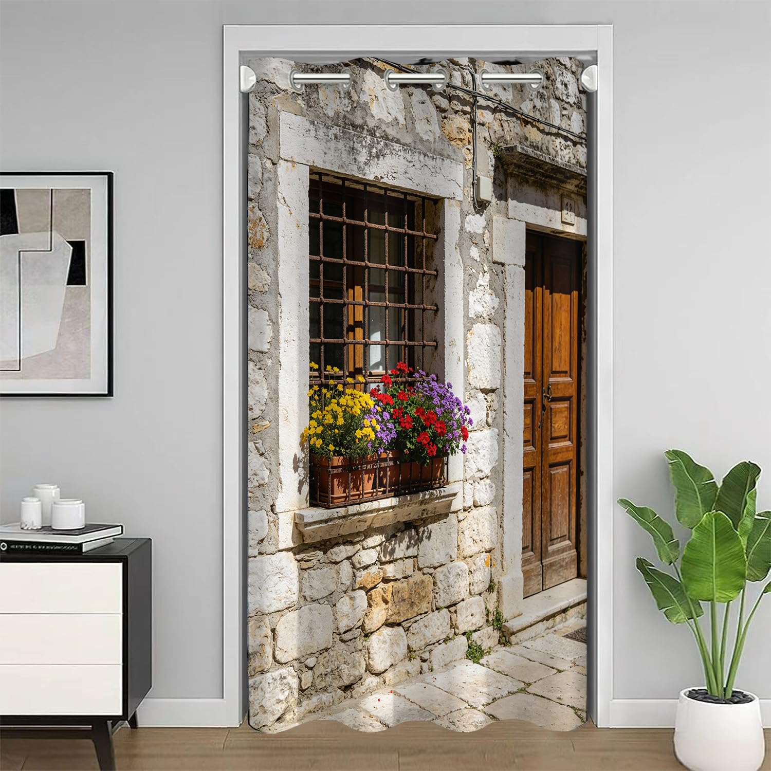Rideau de porte thermique anti-froid et occultant motif village 3D D852