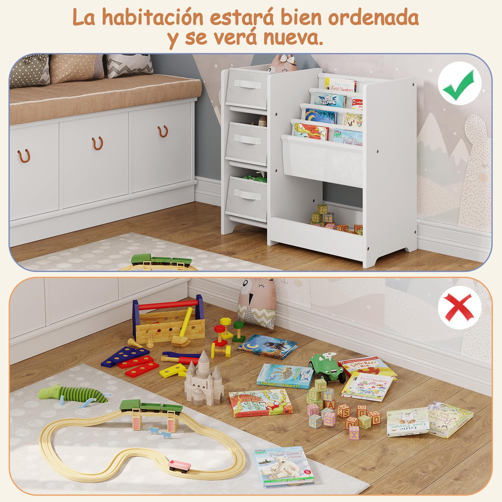 Lestarain Estantería Infantil, Organizador de Juguetes para Niños, 2 en 1 Estantería de Madera con 3 Cajas de Almacenaje, 4 Zonas Colgantes para Libros y 1 Estante, para Habitación Niños y Guardería