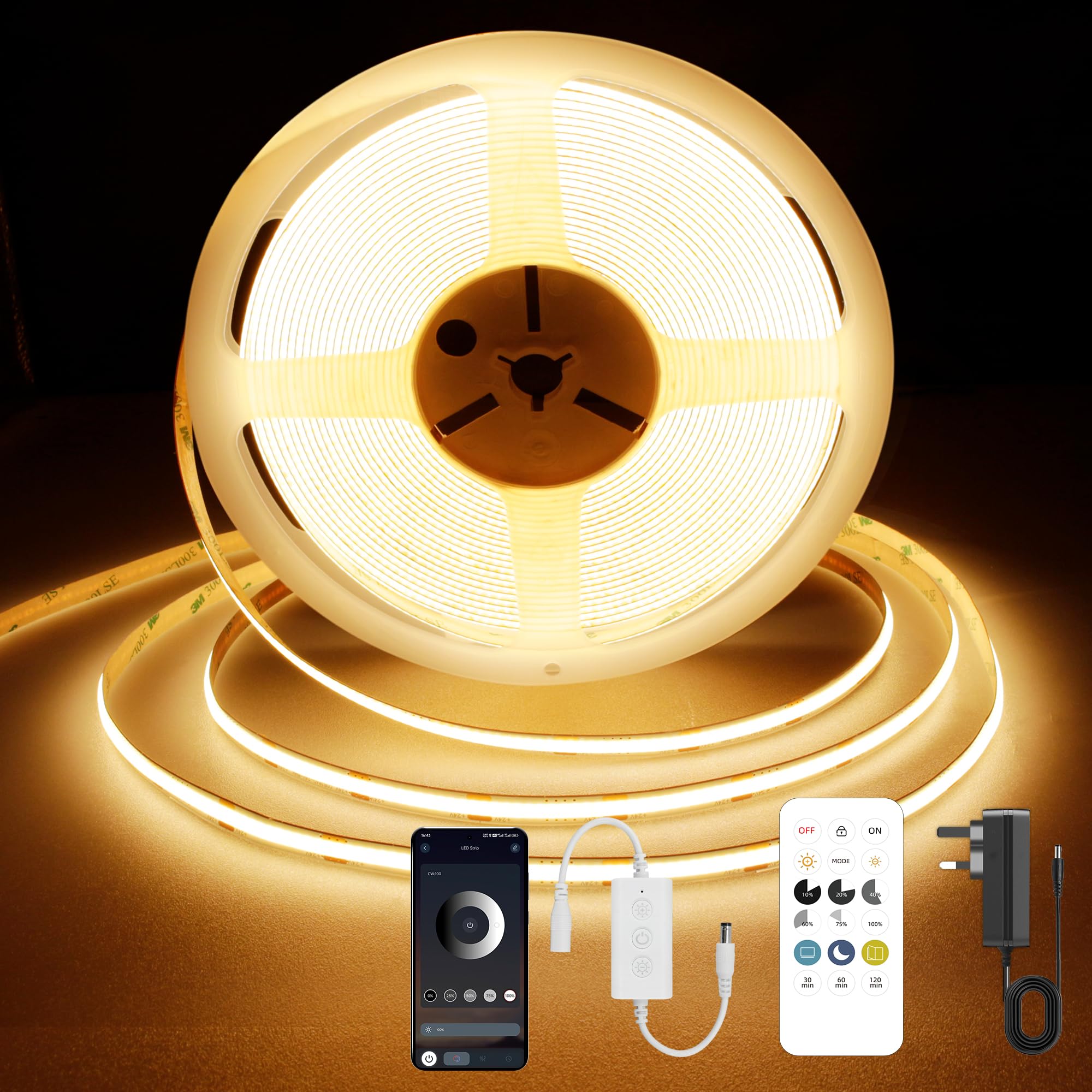 TTWAY COB LED Strip 7.5M, Warm White 2700K LED Strip Lights, 24V Dimmable LED Tape Light, Bluetooth App, CRI92+,8mm Width, with Remote Control and UKCA Power Supply,for Home, Kitchen, Mirror.
