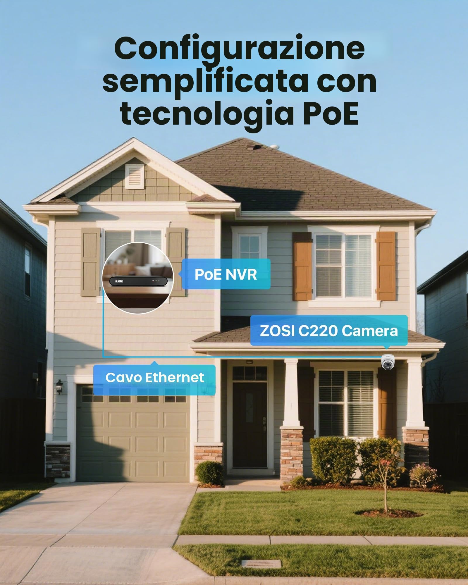 ZOSI 2.5K PoE Kit Telecamera Sorveglianza Esterna, NVR 8CH 5MP 500 GB, Telecamera Dome PoE 4MP con Audio Bidirezionale, Rilevamento di Persone, Visione Notturna fino a 30 m, Accesso a Distanza | Telecamera Dome PoE 4MP con Audio Bidirezionale, Rilevamento