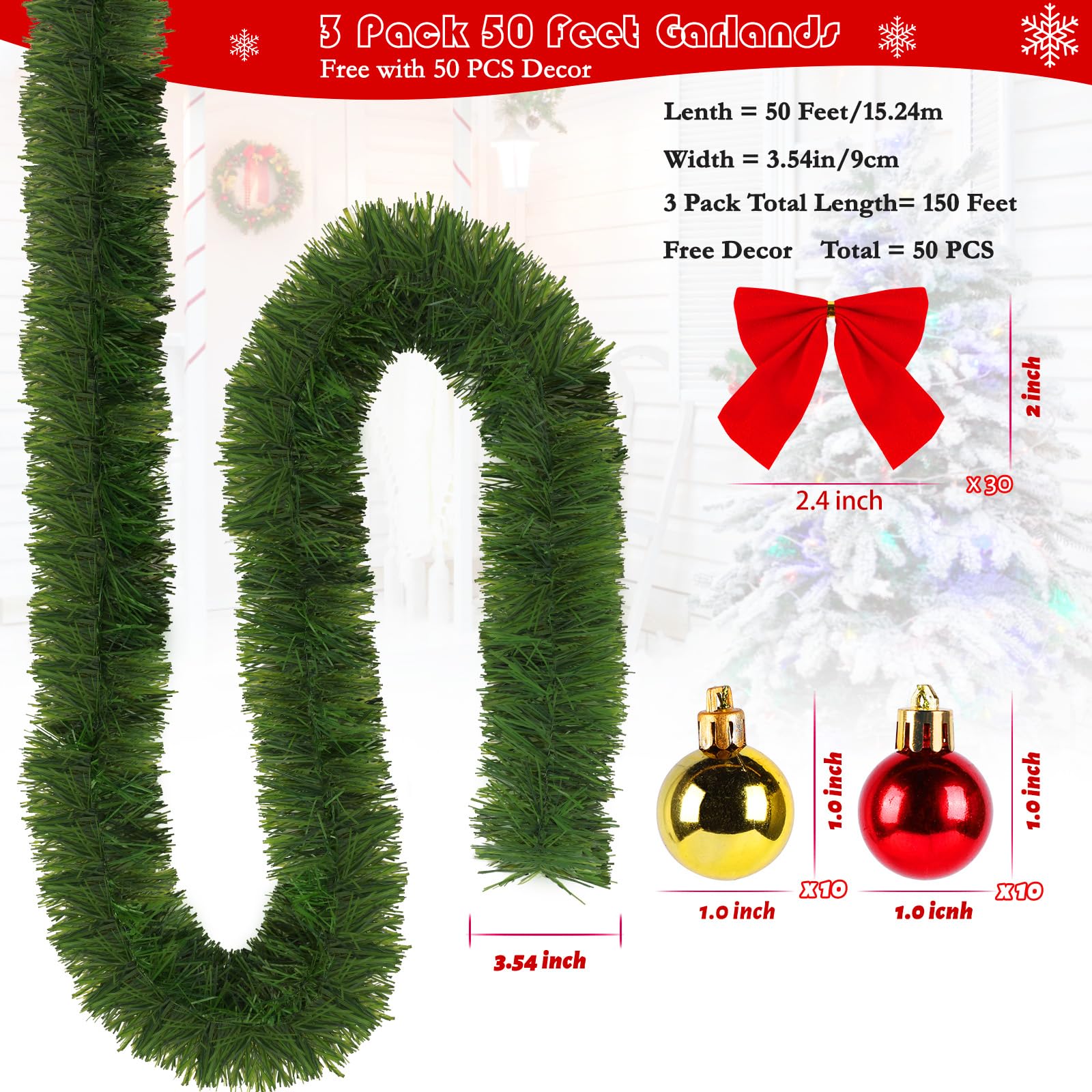 NQN Paquete de 3 guirnaldas de Navidad de 250 pies para decoración de Navidad, decoración navideña suave sin iluminación, decoración navideña para interiores y exteriores, guirnalda artificial de