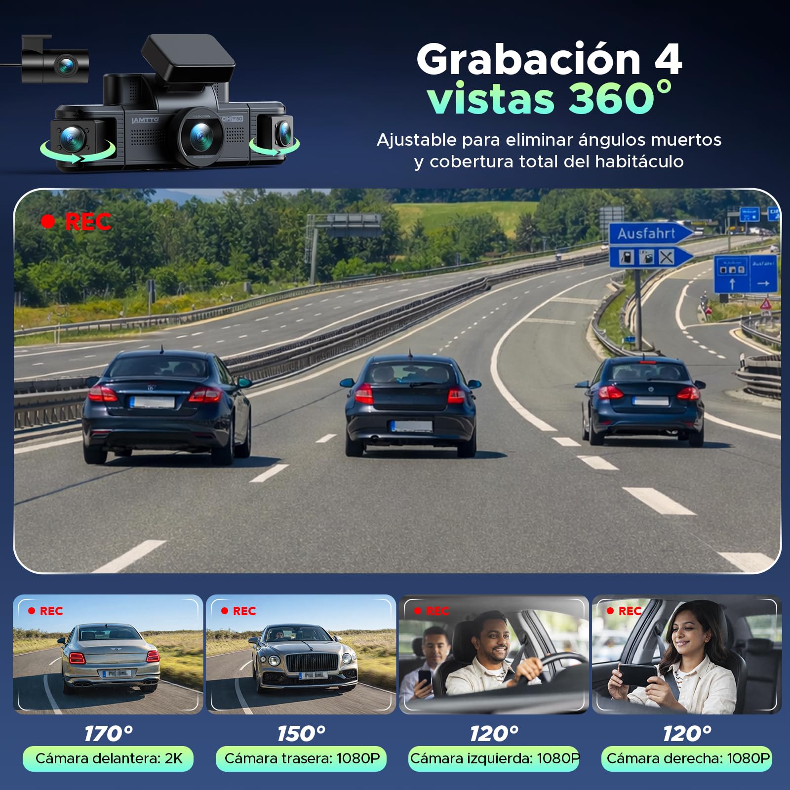 LAMTTO 4 Canales Dashcam para Coche 360 Grados, Dash Cam 2K Delantera 1080P Trasera Interior Lateral Cámara de Coche con App WiFi de 5GHz, Supervisión de Aparcamiento 24/7, Sensor G y Visión Nocturna