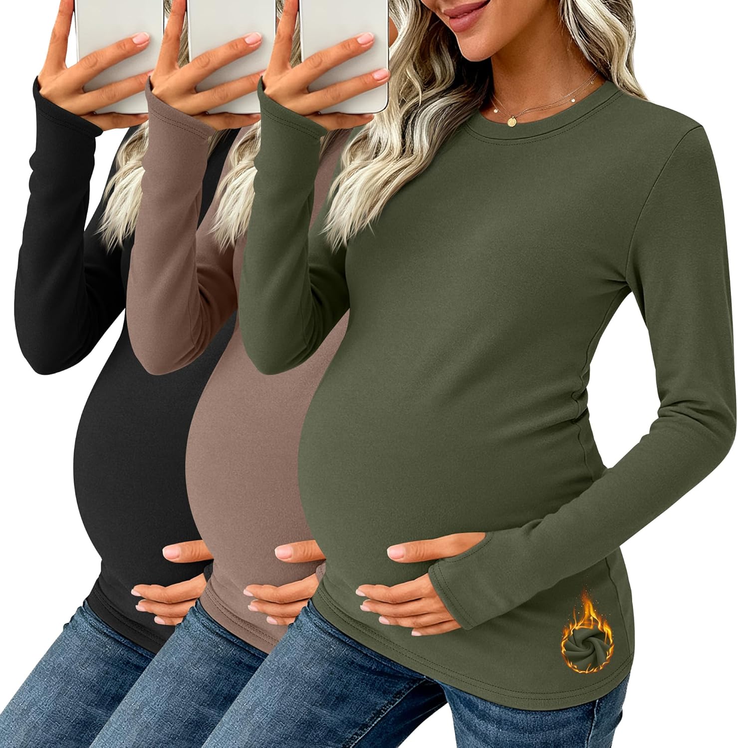 Oakgarden 3 Pack Women's Maternity Thermal Long Sleeve Shirts Crew Neck Fleece Lined Pregnancy Top with Thumb Hole Winter