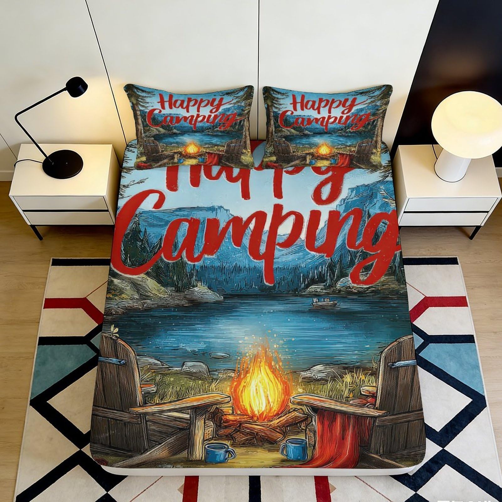 3D Printed Campfire Night Landscape Fitted Sheet Microfiber Scenic Mountain Camping Bed Cover for Bedroom Guest Room Decor 90x200x25cm